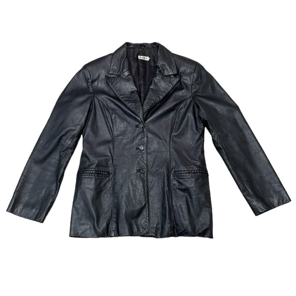 BCBGMAXAZRIA Jacket Women's 12 Black Leather Collar Buttons Pockets Blazer - Picture 4 of 17